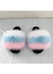 Women Summer Fluffy Fur Slippers Flat Non-slip Solid Real Furry Fur Slides Platform Shoes Plush Fur Sandals Flip Flops Women