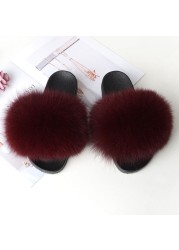 Women Summer Fluffy Fur Slippers Flat Non-slip Solid Real Furry Fur Slides Platform Shoes Plush Fur Sandals Flip Flops Women