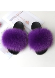 Women Summer Fluffy Fur Slippers Flat Non-slip Solid Real Furry Fur Slides Platform Shoes Plush Fur Sandals Flip Flops Women