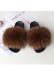 Women Summer Fluffy Fur Slippers Flat Non-slip Solid Real Furry Fur Slides Platform Shoes Plush Fur Sandals Flip Flops Women