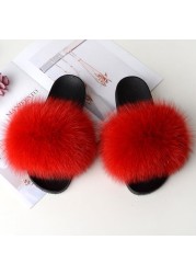 Women Summer Fluffy Fur Slippers Flat Non-slip Solid Real Furry Fur Slides Platform Shoes Plush Fur Sandals Flip Flops Women