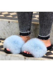 Women Fox Shoes Fur Slippers Real Fox Fur Slides Home Furry Flat Sandals Female Cute Wholesale House Shoes Woman Luxury Brand Ho