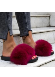 Women Fox Shoes Fur Slippers Real Fox Fur Slides Home Furry Flat Sandals Female Cute Wholesale House Shoes Woman Luxury Brand Ho