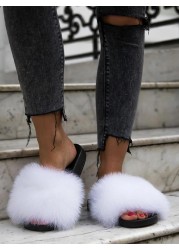 Women Fox Shoes Fur Slippers Real Fox Fur Slides Home Furry Flat Sandals Female Cute Wholesale House Shoes Woman Luxury Brand Ho