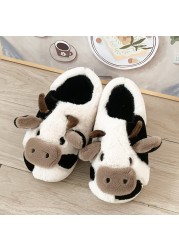 Women Winter Cute Animal Slippers Fashion Kawaii Fluffy Winter Warm Slippers Female Cartoon Milk Cow Indoor Slippers Funny Shoes