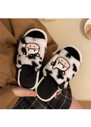 Women Winter Cute Animal Slippers Fashion Kawaii Fluffy Winter Warm Slippers Female Cartoon Milk Cow Indoor Slippers Funny Shoes