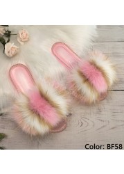 fluffy slippers women real fur home slides summer crystal rhinestones shoes for women flip flops with fur jelly sandals women