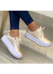 Rimocy Shiny PU Leather Thick Bottom Sneakers Woman Plus Size 43 Lace Up Platform Shoes Women Gold Silver Flats Zapatos De Mujer