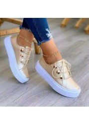 Rimocy Shiny PU Leather Thick Bottom Sneakers Woman Plus Size 43 Lace Up Platform Shoes Women Gold Silver Flats Zapatos De Mujer