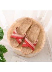 Women Linen Home Slippers Summer Casual Slides Beach Shoes Ladies Indoor Linen Slippers Bohemia Striped Flip Flops Sandals