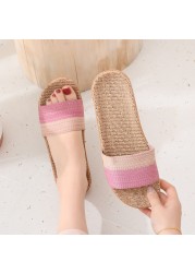 Women Linen Home Slippers Summer Casual Slides Beach Shoes Ladies Indoor Linen Slippers Bohemia Striped Flip Flops Sandals