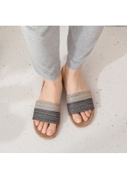 Women Linen Home Slippers Summer Casual Slides Beach Shoes Ladies Indoor Linen Slippers Bohemia Striped Flip Flops Sandals