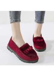 Women Slippers Winter Bow Tie Plush Warm Shoes Inside Loafers Indoor Slippers Ladies Ladies Slip On Shoes Chaussure Femme Women Shoes Non-leather Casual Shoes Women's Shoe Brand