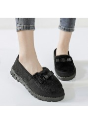 Women Slippers Winter Bow Tie Plush Warm Shoes Inside Loafers Indoor Slippers Ladies Ladies Slip On Shoes Chaussure Femme Women Shoes Non-leather Casual Shoes Women's Shoe Brand