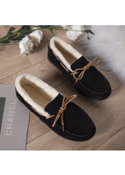 Women Slippers Winter Bow Tie Plush Warm Shoes Inside Loafers Indoor Slippers Ladies Ladies Slip On Shoes Chaussure Femme Women Shoes Non-leather Casual Shoes Women's Shoe Brand