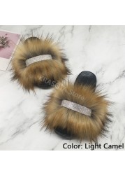 Home Slippers Women Thin Slippers Luxury Summer Faux Fur Slippers Furry Slides Shoes For Women With Rhinestones Slipper 2022