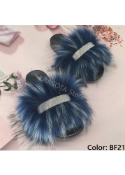 Home Slippers Women Thin Slippers Luxury Summer Faux Fur Slippers Furry Slides Shoes For Women With Rhinestones Slipper 2022