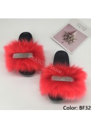 Home Slippers Women Thin Slippers Luxury Summer Faux Fur Slippers Furry Slides Shoes For Women With Rhinestones Slipper 2022