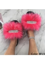 Home Slippers Women Thin Slippers Luxury Summer Faux Fur Slippers Furry Slides Shoes For Women With Rhinestones Slipper 2022