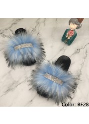 Home Slippers Women Thin Slippers Luxury Summer Faux Fur Slippers Furry Slides Shoes For Women With Rhinestones Slipper 2022