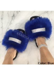 Home Slippers Women Thin Slippers Luxury Summer Faux Fur Slippers Furry Slides Shoes For Women With Rhinestones Slipper 2022