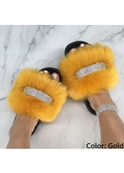 Home Slippers Women Thin Slippers Luxury Summer Faux Fur Slippers Furry Slides Shoes For Women With Rhinestones Slipper 2022