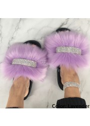 Home Slippers Women Thin Slippers Luxury Summer Faux Fur Slippers Furry Slides Shoes For Women With Rhinestones Slipper 2022