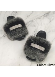 Home Slippers Women Thin Slippers Luxury Summer Faux Fur Slippers Furry Slides Shoes For Women With Rhinestones Slipper 2022