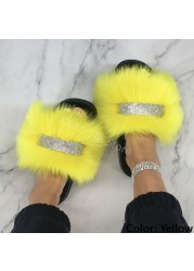 Home Slippers Women Thin Slippers Luxury Summer Faux Fur Slippers Furry Slides Shoes For Women With Rhinestones Slipper 2022