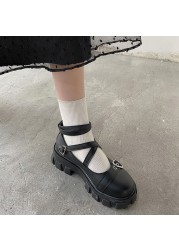 Sweet Lolita Platform Shoes Round Head Thick Heel Cross Bandage Shoes Women Kawaii Shoes Cosplay Mary Jane Shoes Heart Buckle S1