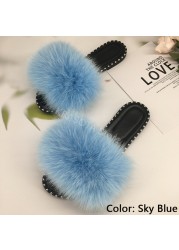 women flip flops summer fluffy slippers luxury real fur slides for women fluffy sliders jelly shoes woman flat sandals with fur