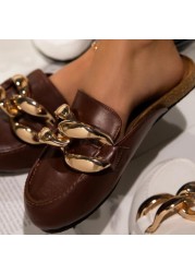 Metal Chain Lazy Loafers Big Round Toe Women Slippers Sandals 2021 Summer Fashion Thick-soled Pumps Office Women Mules Shoes