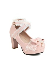 2022 new spring women shoes plus size 22-28cm feet length Chunky High Heel Pearl Bow Cross Buckle cute lolita Banquet shoes