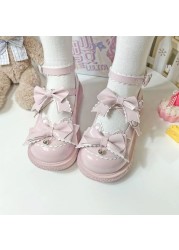 Kawaii بنات لوليتا أحذية موضة 2022 النمط الياباني PU المرقعة ماري جينس Bowknot جميل القلب مشبك الصلبة Zapatillas Mujer