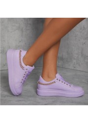 2021 autumn new sneakers women round head thick bottom front lace up big metal chain white single shoes