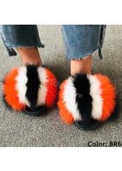 fluffy slippers women luxury real fox fur slippers women home fur slides ladies summer flip flops wholesale flat shoes slippers