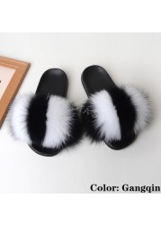 fluffy slippers women luxury real fox fur slippers women home fur slides ladies summer flip flops wholesale flat shoes slippers