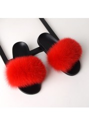 fluffy slippers women luxury real fox fur slippers women home fur slides ladies summer flip flops wholesale flat shoes slippers