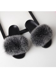 fluffy slippers women luxury real fox fur slippers women home fur slides ladies summer flip flops wholesale flat shoes slippers