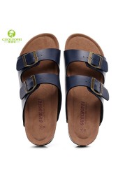 2021 New PU Leather Men's Mule Clogs Slippers High Quality Soft Cork Two Buckle Slides Shoes For Men Women Unisex 35-46