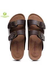 2021 New PU Leather Men's Mule Clogs Slippers High Quality Soft Cork Two Buckle Slides Shoes For Men Women Unisex 35-46