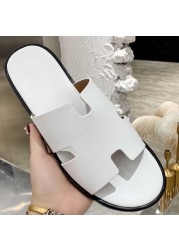 2022 summer luxury designer men leather flat sandals flat open toe comfort elegant wide fit mule slippers flip flop shoes 38-46