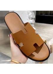 2022 summer luxury designer men leather flat sandals flat open toe comfort elegant wide fit mule slippers flip flop shoes 38-46