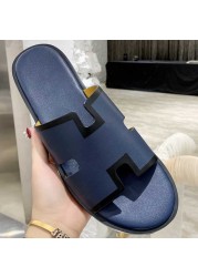 2022 summer luxury designer men leather flat sandals flat open toe comfort elegant wide fit mule slippers flip flop shoes 38-46