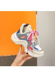 Fashion Mixed Colors Dad Shoes Real Leather Round Toe Lace-up High Top Casual Shoes Woman Height Increasing Lady Shoes