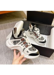 Fashion Mixed Colors Dad Shoes Real Leather Round Toe Lace-up High Top Casual Shoes Woman Height Increasing Lady Shoes