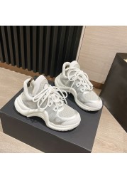 Fashion Mixed Colors Dad Shoes Real Leather Round Toe Lace-up High Top Casual Shoes Woman Height Increasing Lady Shoes