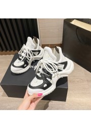 Fashion Mixed Colors Dad Shoes Real Leather Round Toe Lace-up High Top Casual Shoes Woman Height Increasing Lady Shoes