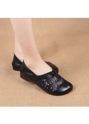 Women's spring summer new single shoes retro soft sole woman shallow flats hollow leather shoes plus size wedges low heels