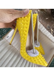 Yellow Color Rivets Women Pointed Toe Stiletto High Heels Size 33-45 Punk Rivets Slip On Sex Pumps